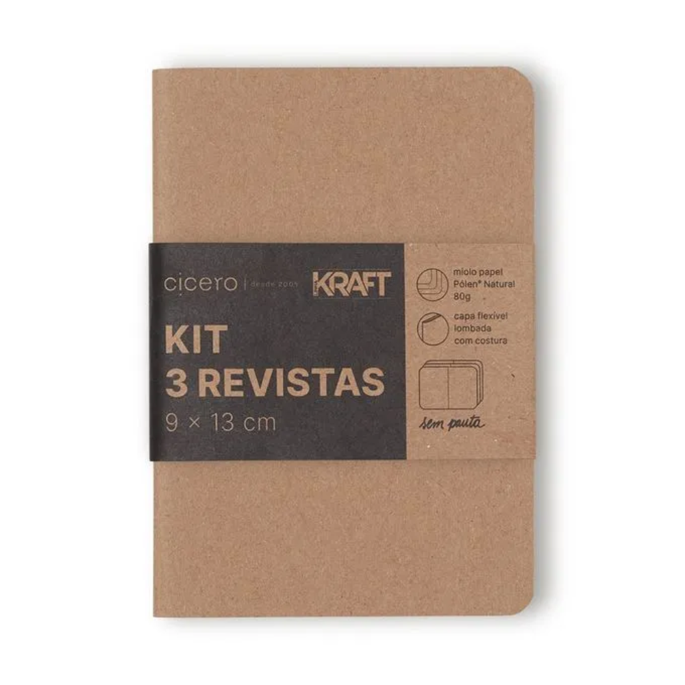 Kit Caderneta Revista Cicero 9x13cm 64 Páginas Kraft sem Pauta com 3 Unidades