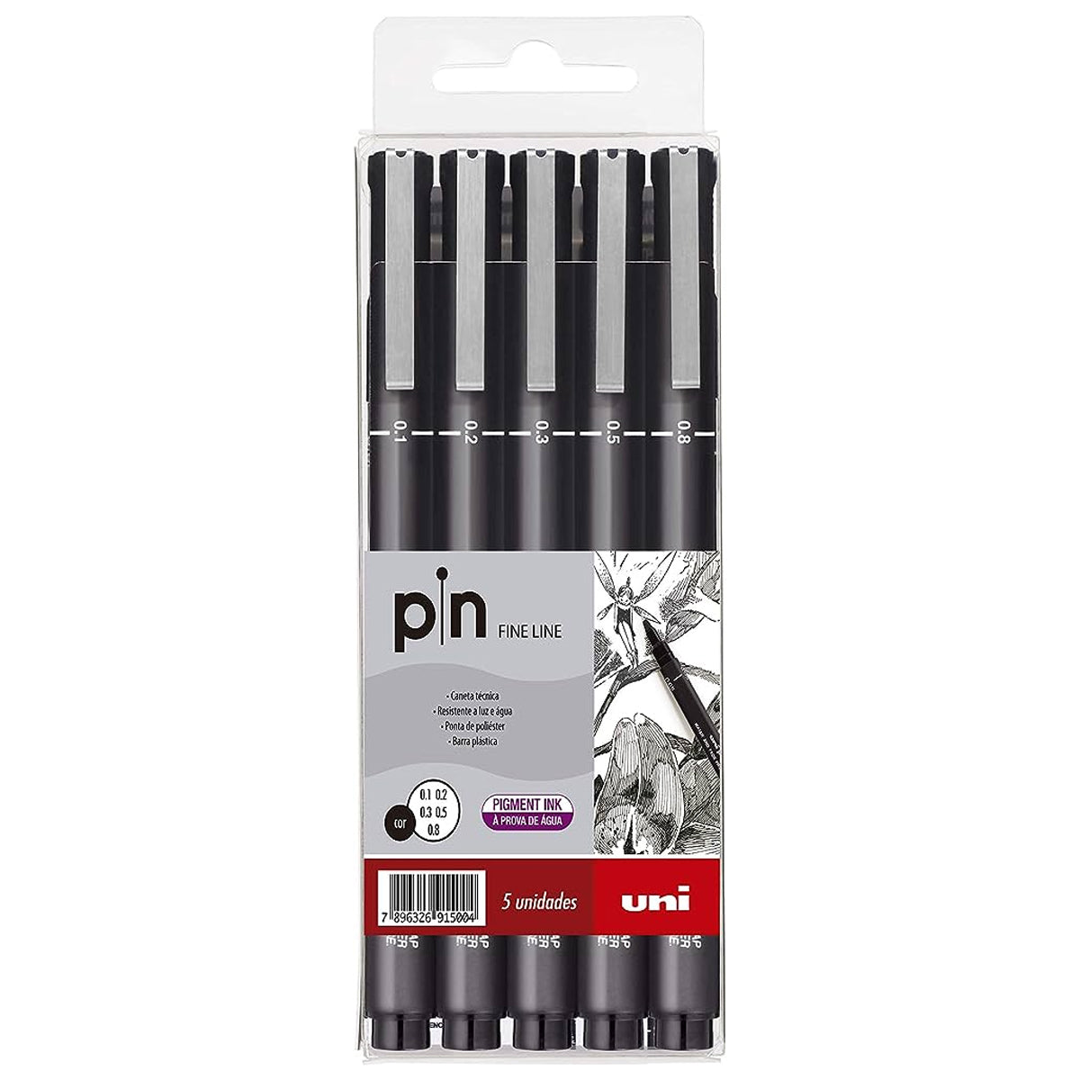 Estojo Caneta Tecnica Pin Fine Line Preto com 5 Unidades