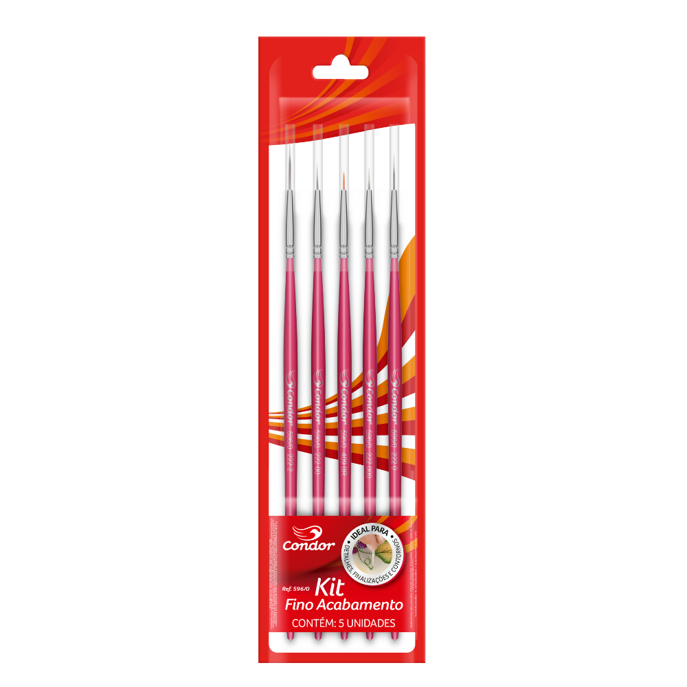 Kit Pincel Acabamento Fino Condor 596/0 Liner e Filete 5 Unidades
