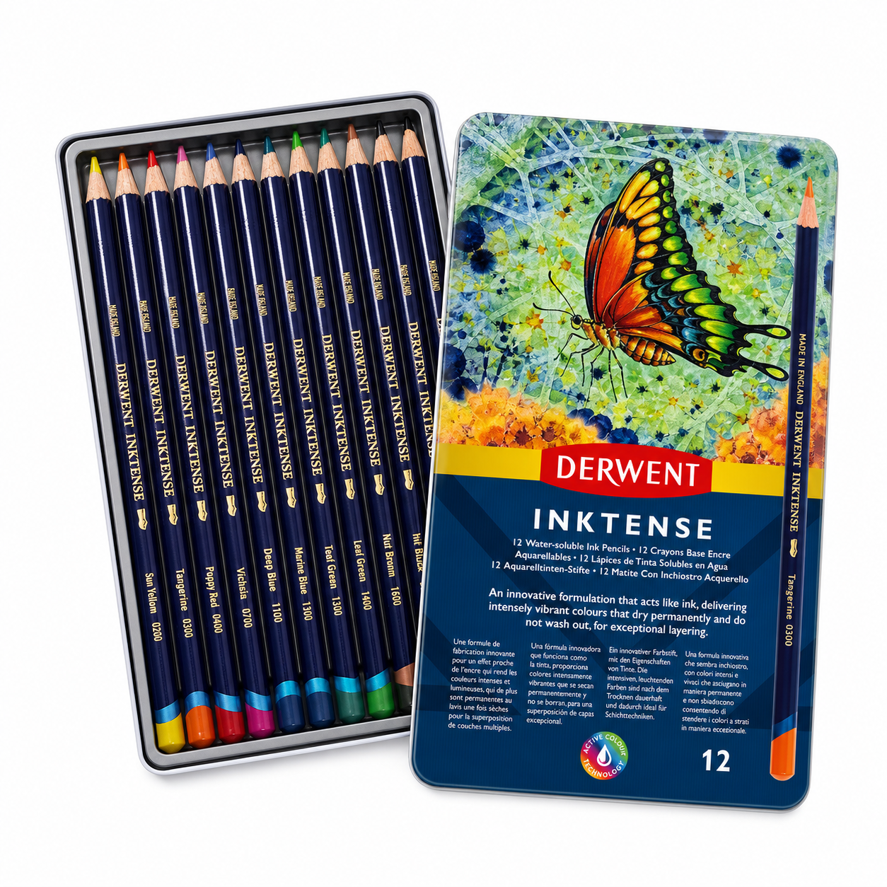 Estojo Lápis de Cor Aquarelável Inktense com 12 Cores - Derwent